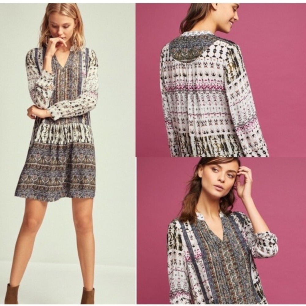 Anthropologie TINY Mollie Shirt Grays Drop Waist Dress Mixed Print Size S